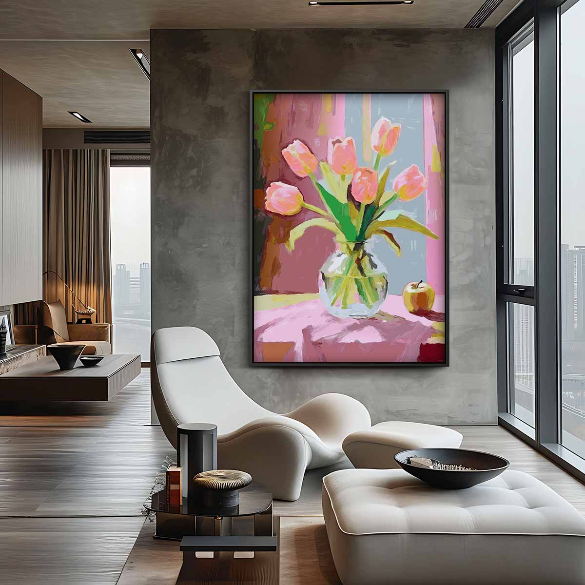 Vrolijke Tulpen in Vaas Kunstwerk-canvas-dibond-plexiglas-wanddecoratie-WallArtistic
