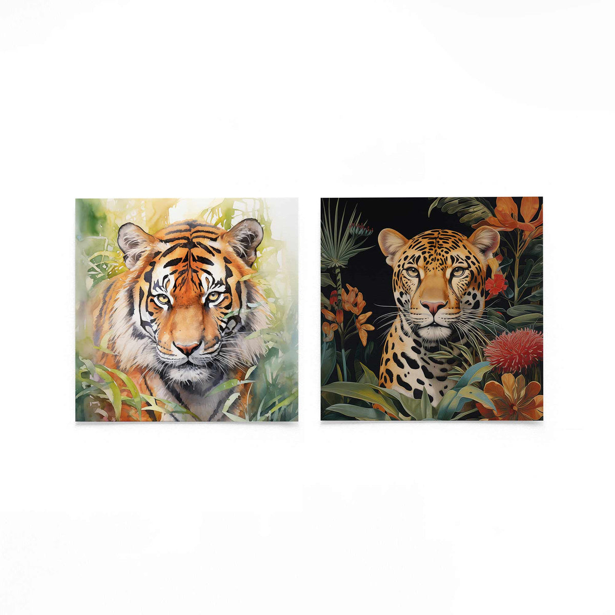 Twee vierkante posters met tijger en panter op een gebroken witte achtergrond