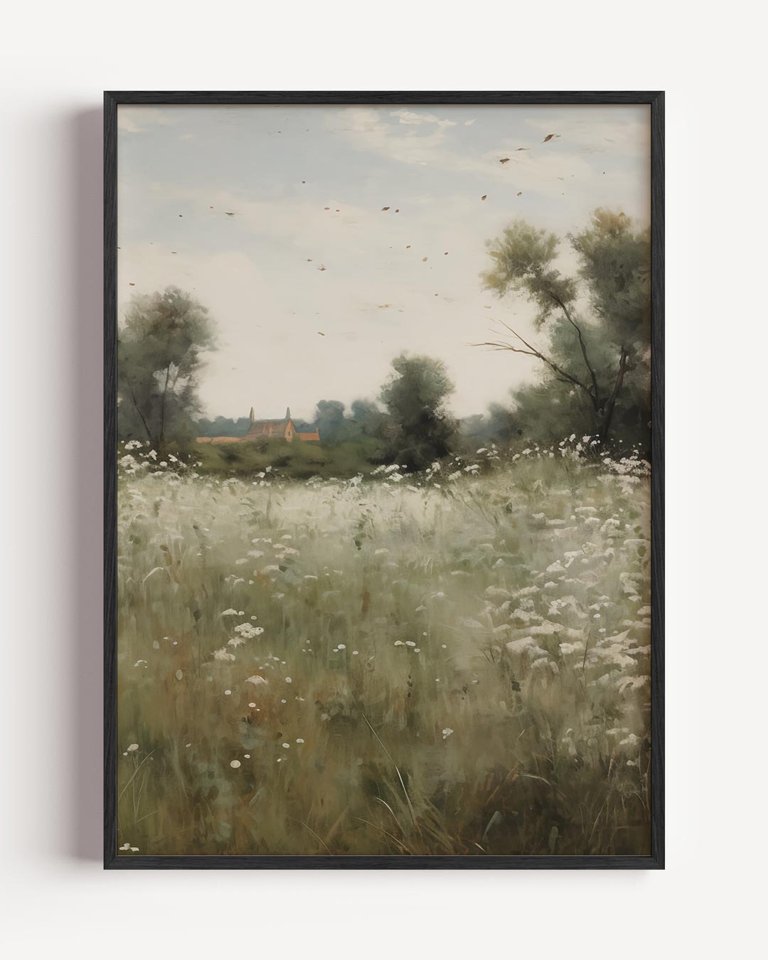 Zacht Bloemenveld met Landelijk Huisje Poster-WallArtistic