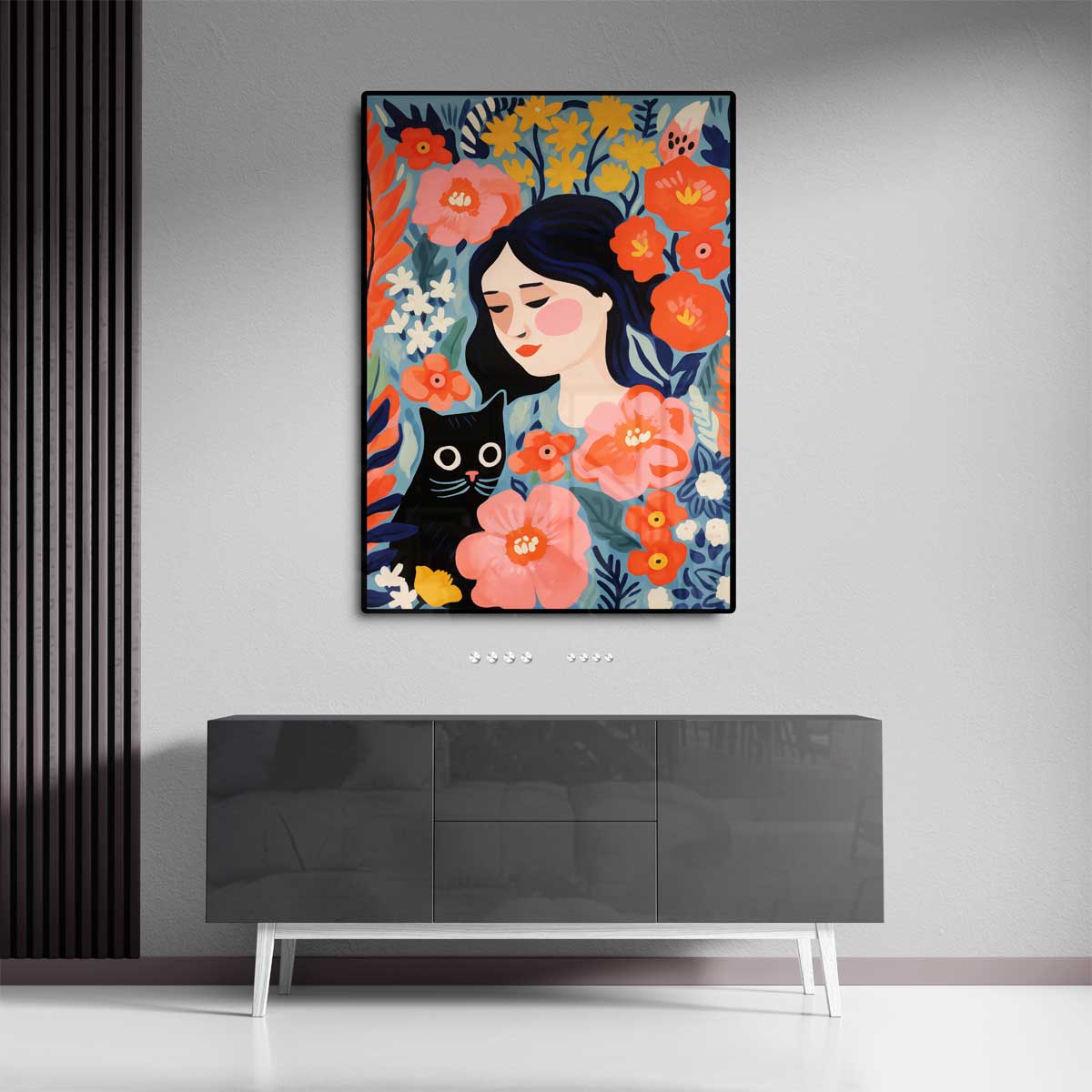 Bloemendroom met Kat Kunstwerk-canvas-dibond-plexiglas-wanddecoratie-WallArtistic