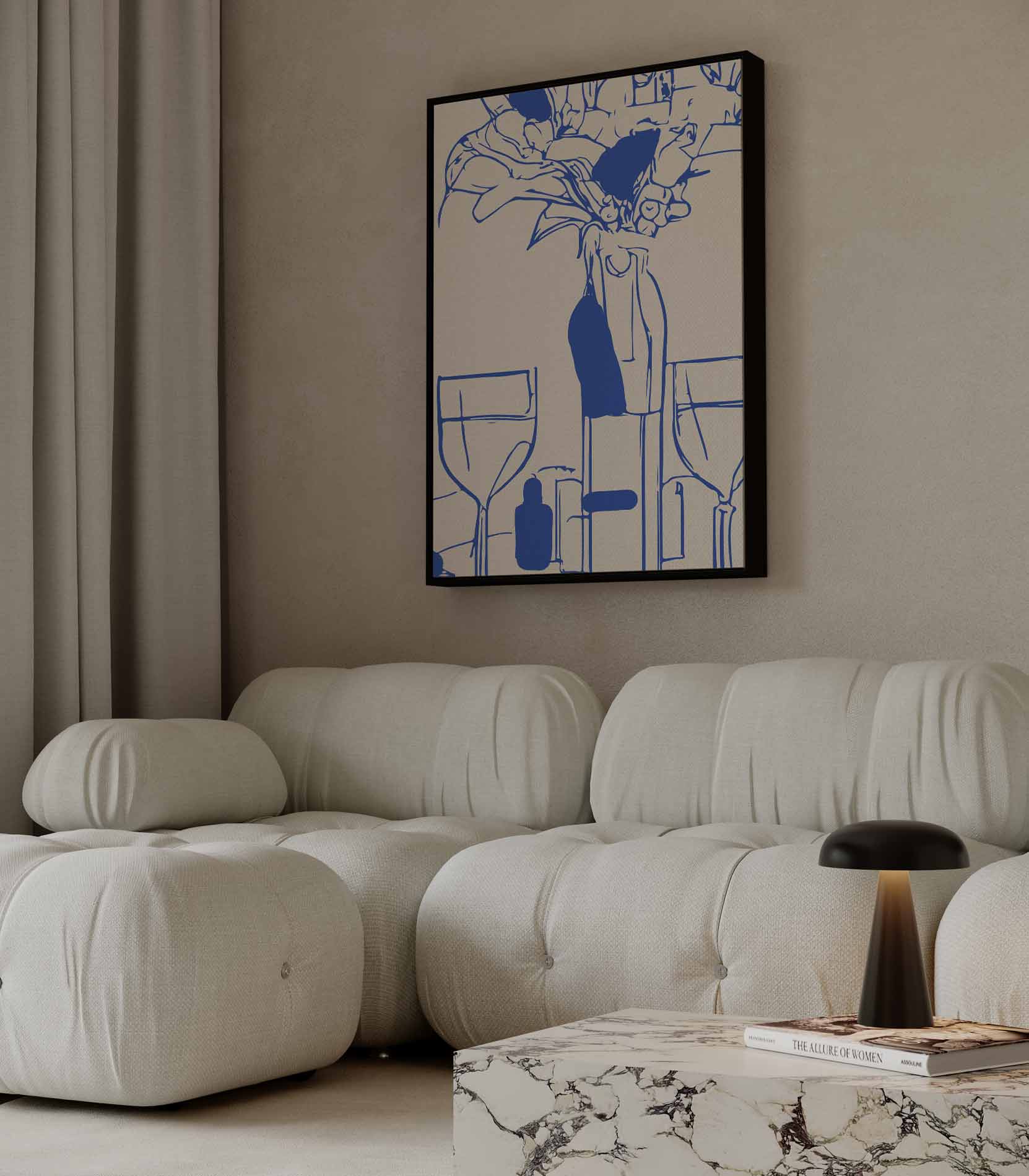 Moderne Tafelsetting in Blauwe Lijntekening Kunstwerk-canvas-dibond-plexiglas-wanddecoratie-WallArtistic