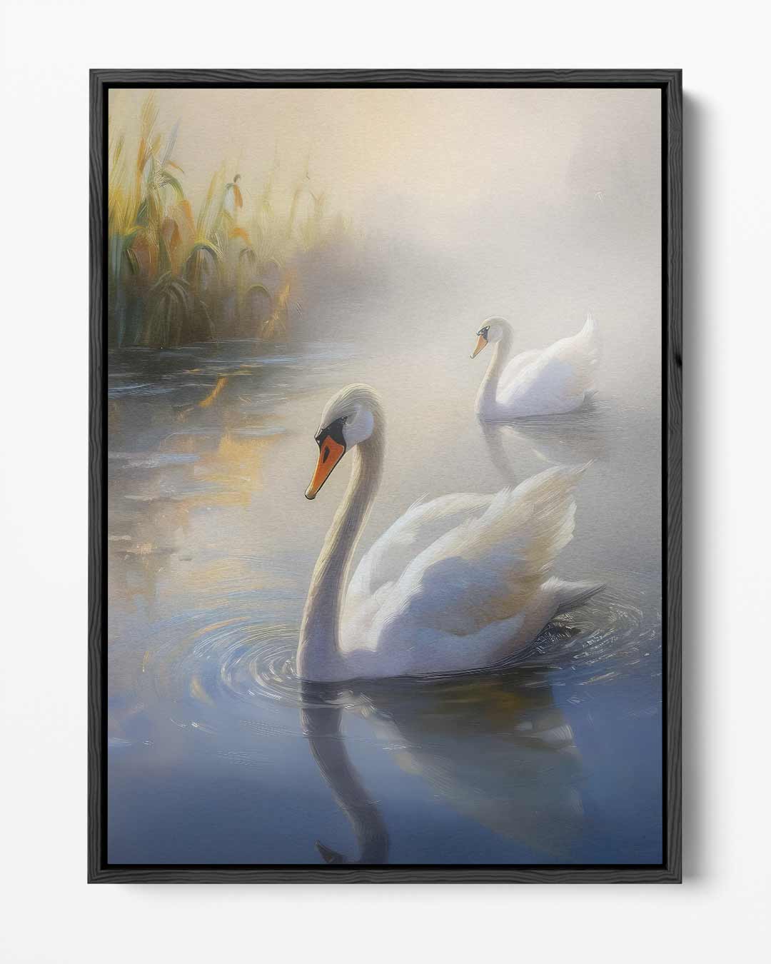 Elegante Zwanen in de Ochtendnevel Kunstwerk-canvas-dibond-plexiglas-wanddecoratie-WallArtistic