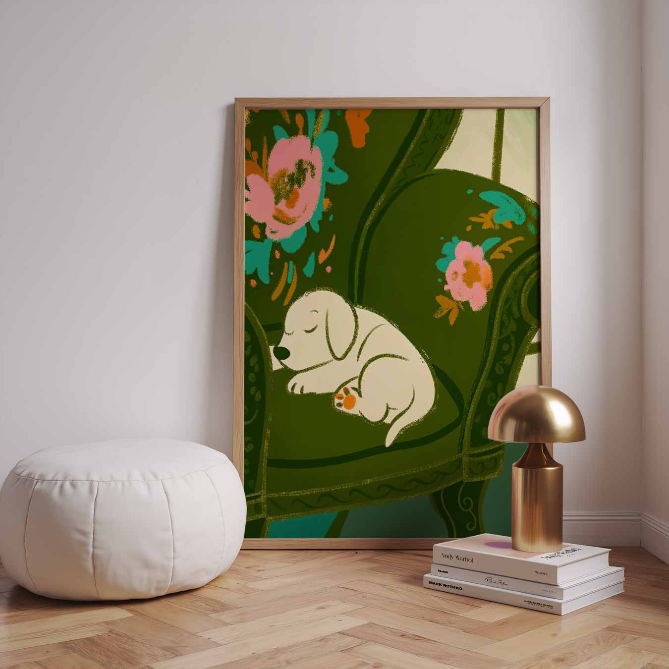 Slapende Puppy op Bloemenstoel Poster