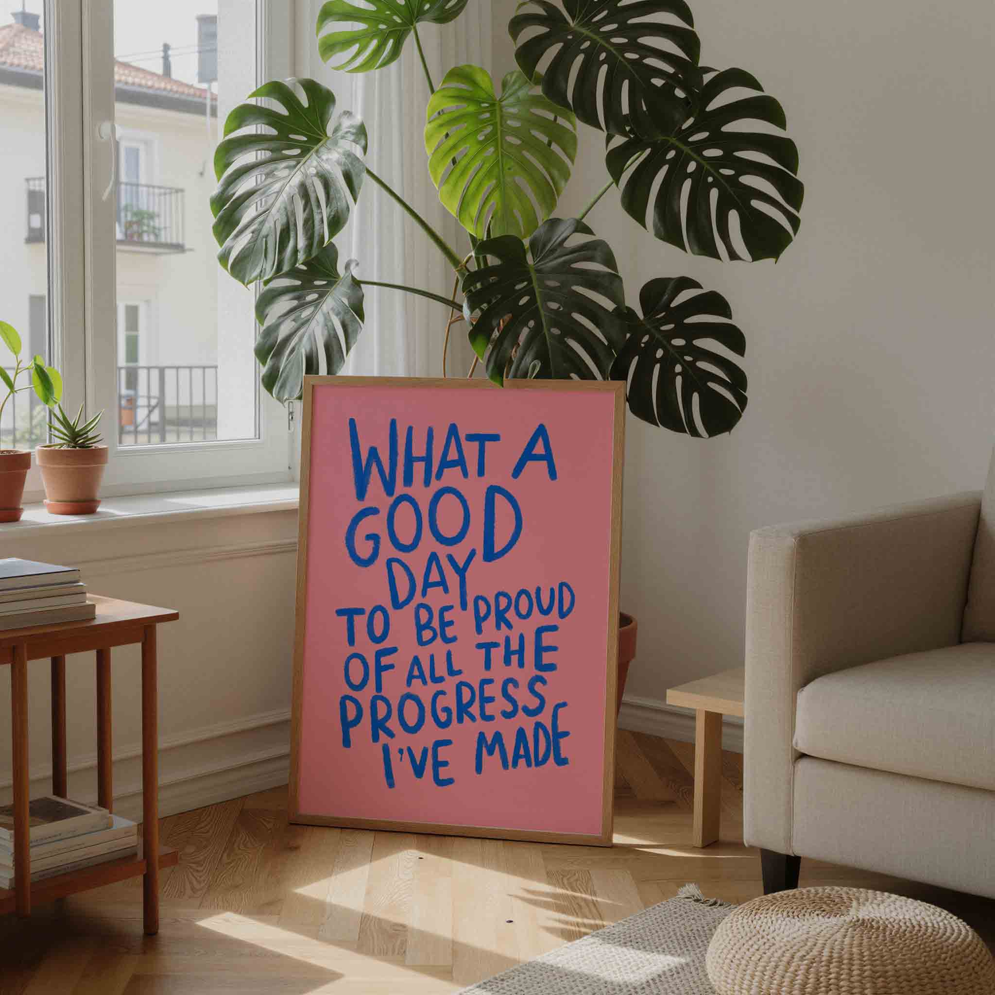 Blauwe tekst op roze achtergrond Poster