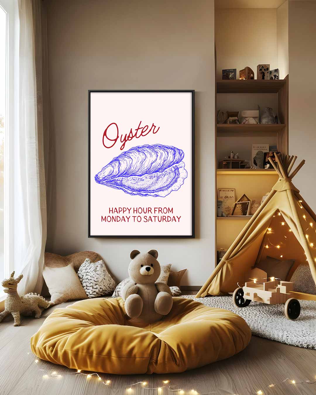 Oester Illustratie met Happy Hour Kunstwerk-canvas-dibond-plexiglas-wanddecoratie-WallArtistic