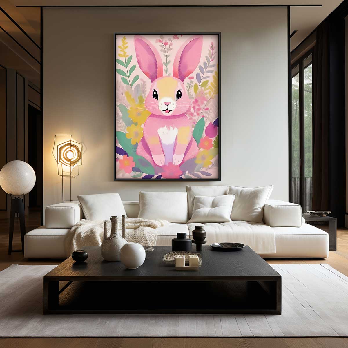 Vrolijk Konijn in de Bloemenweide Kunstwerk-canvas-dibond-plexiglas-wanddecoratie-WallArtistic