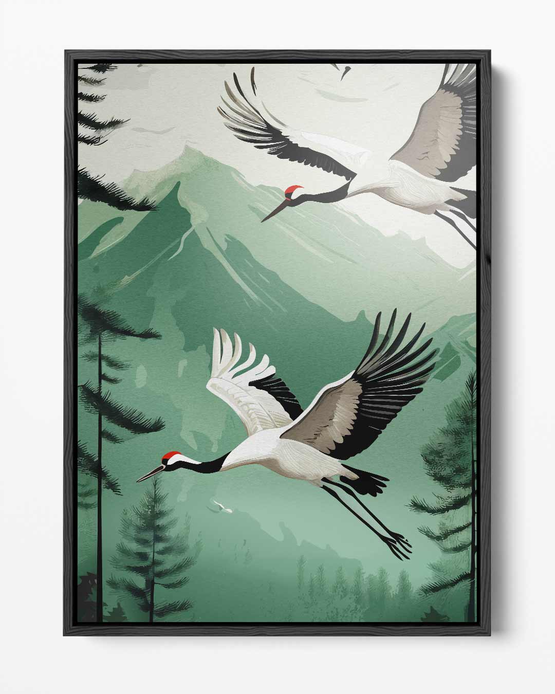 Flying Cranes in Mountain Landscape Artwork