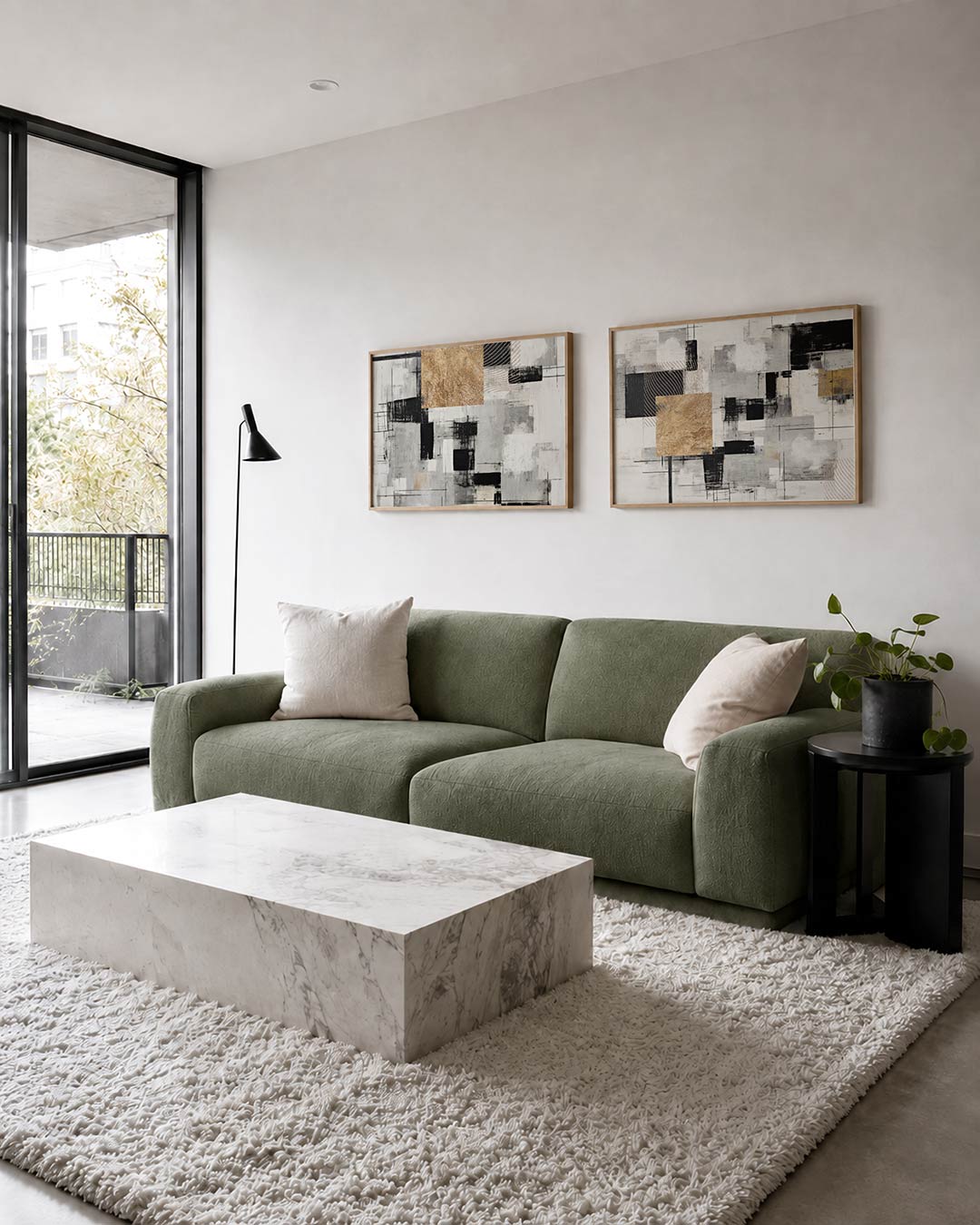 Twee liggende posters met zwarte en grijze kleurvlakken met een gouden accent, aan de muur in een interieur