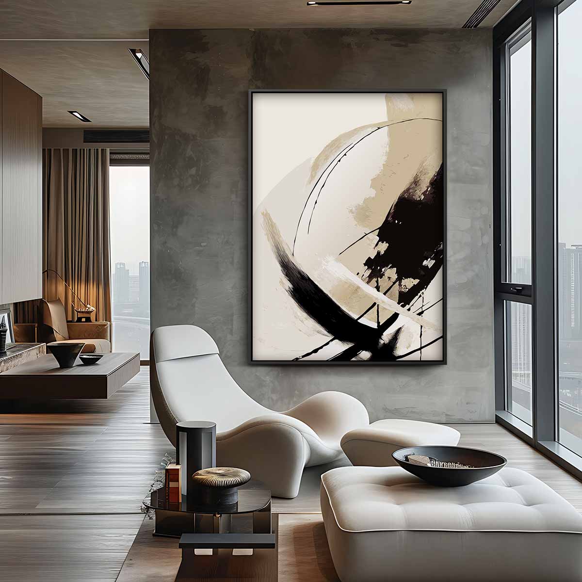 Dynamische Bewegingen in Beigetinten Kunstwerk-canvas-dibond-plexiglas-wanddecoratie-WallArtistic