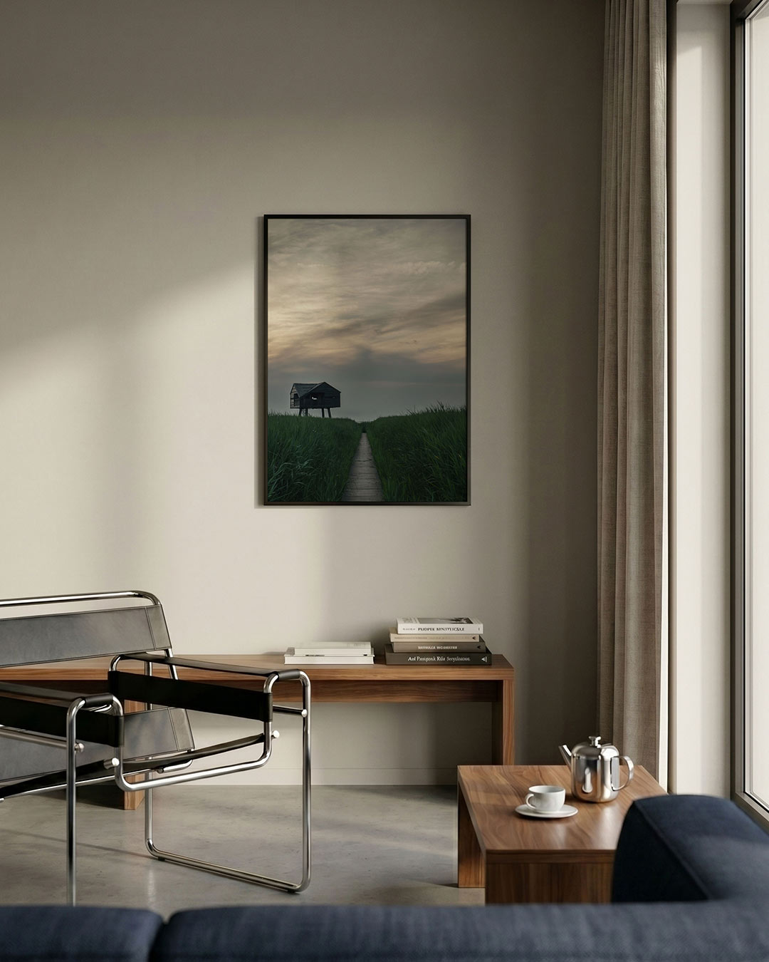 Houten huisje in gras Poster