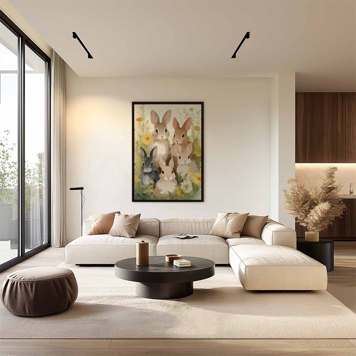 Vrolijke Konijntjes in Bloemenweide Kunstwerk-canvas-dibond-plexiglas-wanddecoratie-WallArtistic