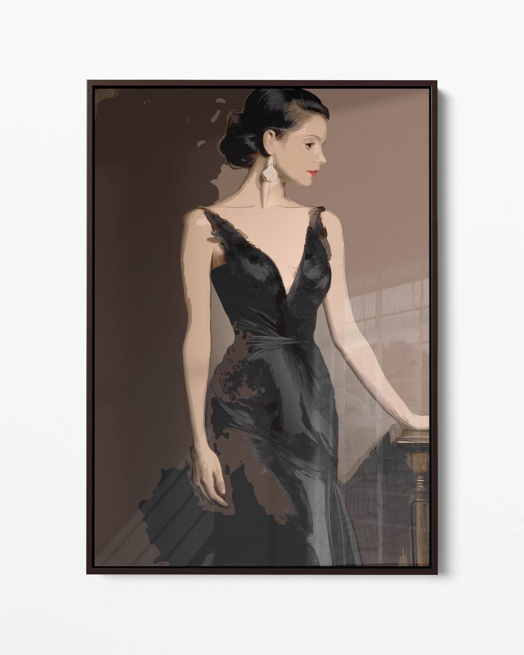 Elegante Dame in Zwarte Jurk Kunstwerk-canvas-dibond-plexiglas-wanddecoratie-WallArtistic