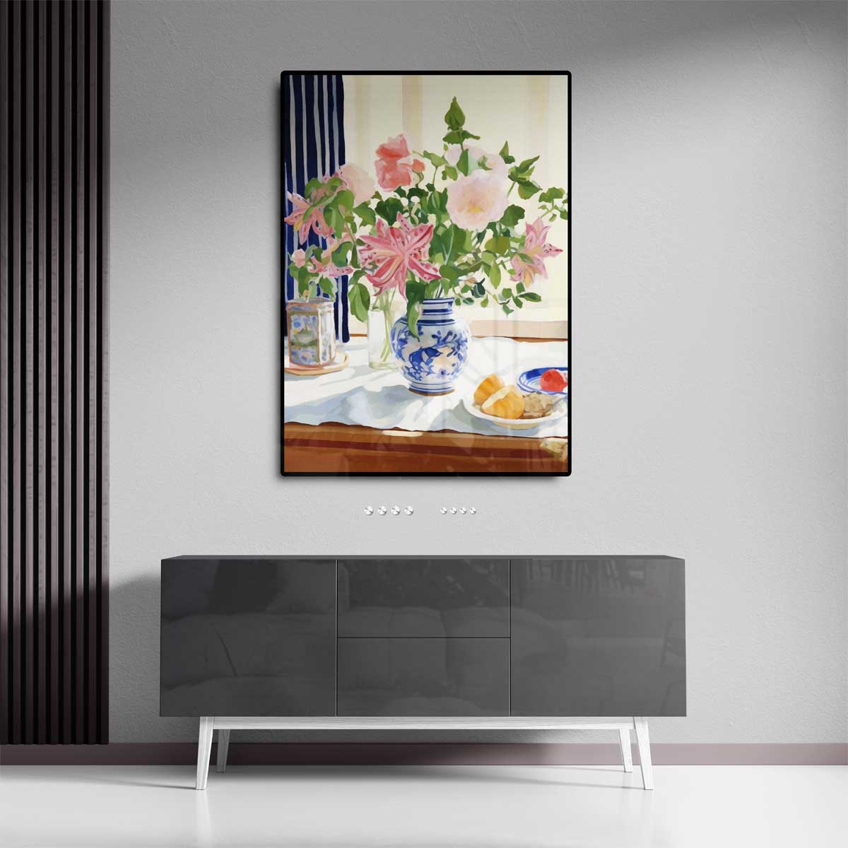 Zomers Bloemenboeket in Blauwe Vaas Kunstwerk-canvas-dibond-plexiglas-wanddecoratie-WallArtistic