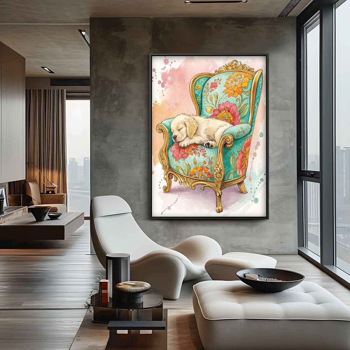 Schattige Rust op Bloemenstoel Kunstwerk-canvas-dibond-plexiglas-wanddecoratie-WallArtistic