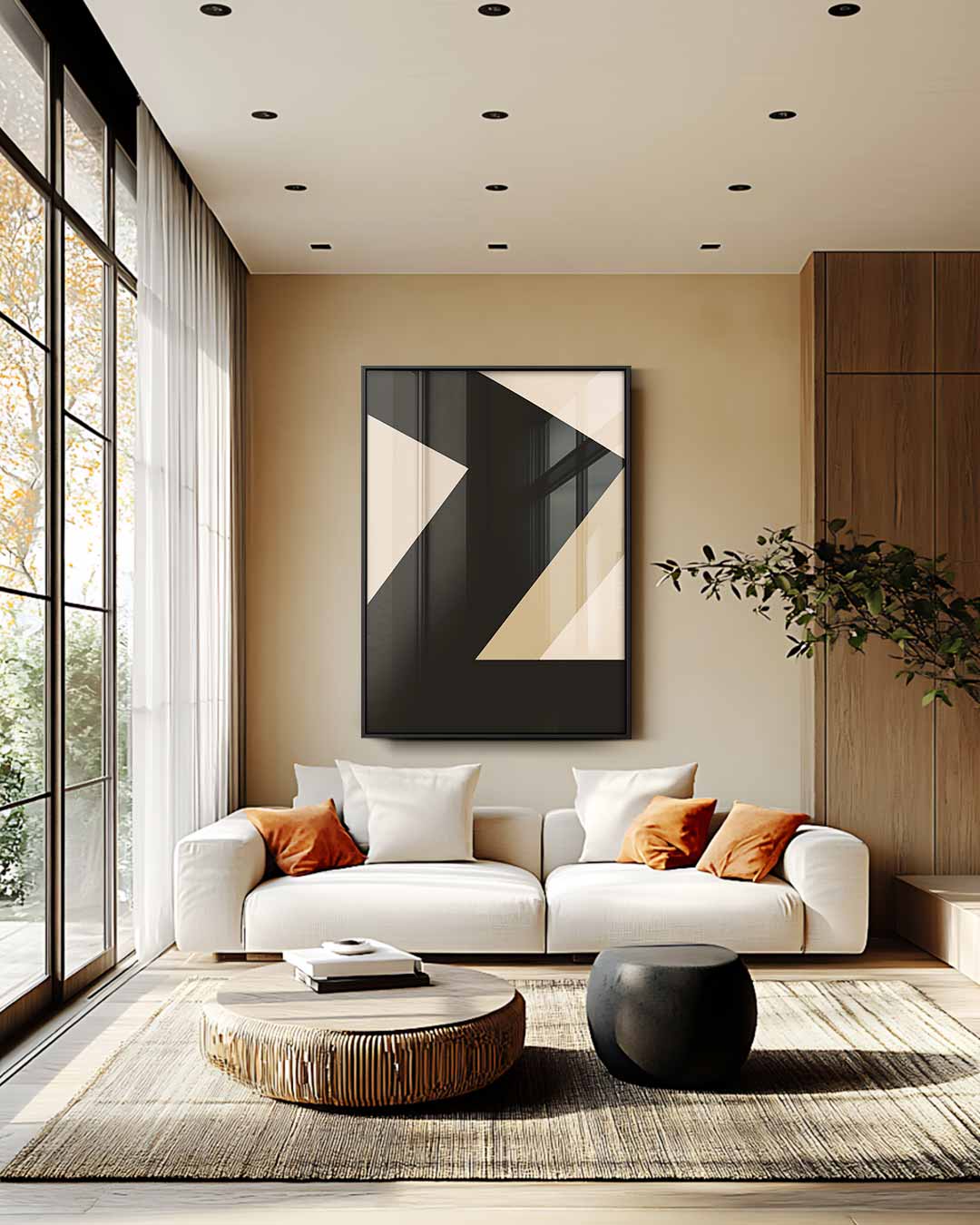 Dynamische Lijnen in Zwart en Beige Kunstwerk-canvas-dibond-plexiglas-wanddecoratie-WallArtistic