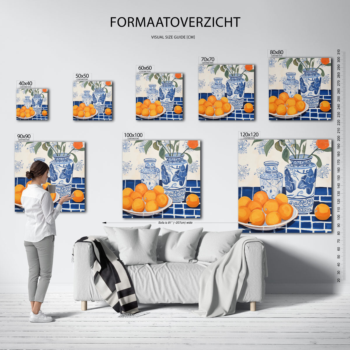 Blauwe vazen en sinaasappels Poster