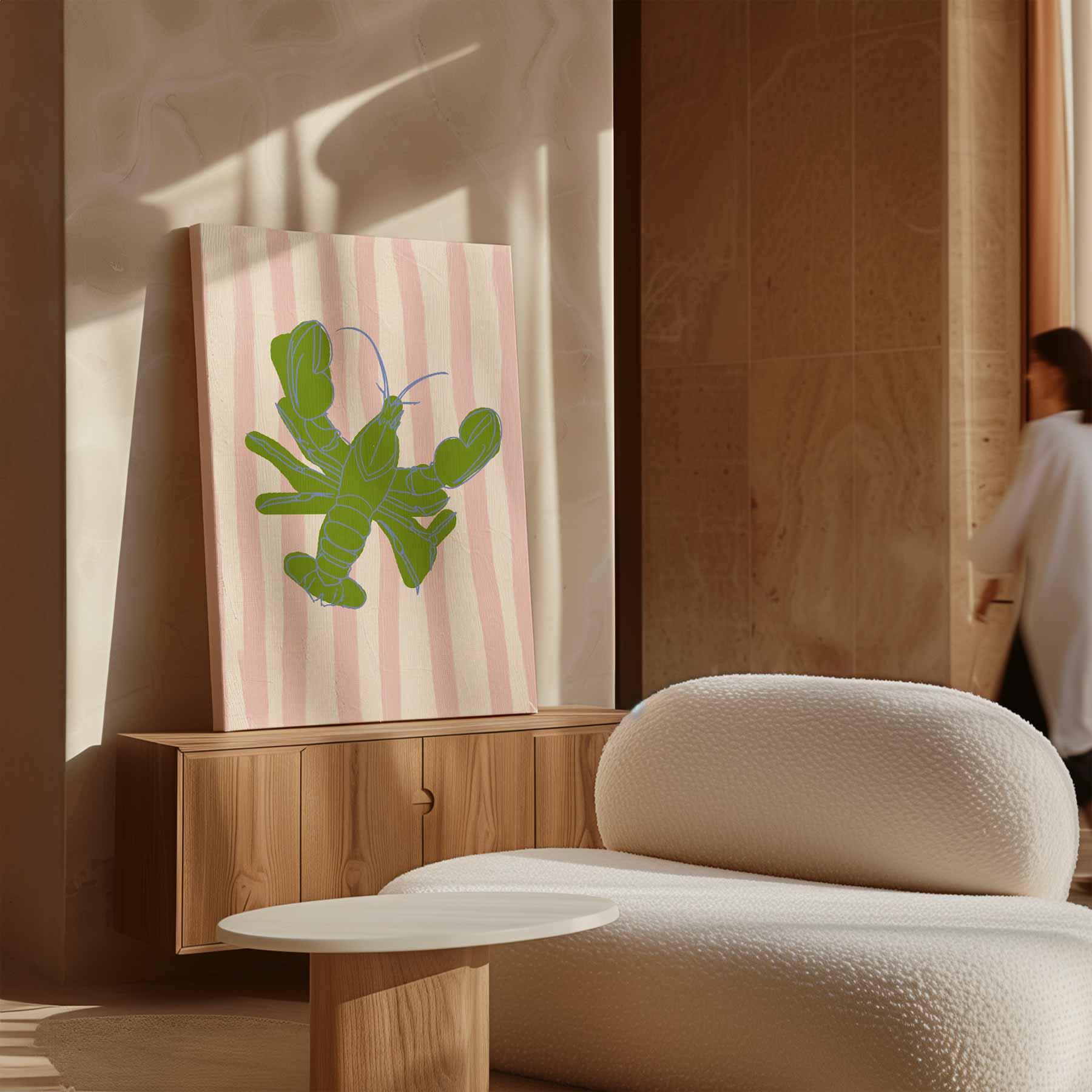 Groene Kreeft op Strepen Kunstwerk-canvas-dibond-plexiglas-wanddecoratie-WallArtistic