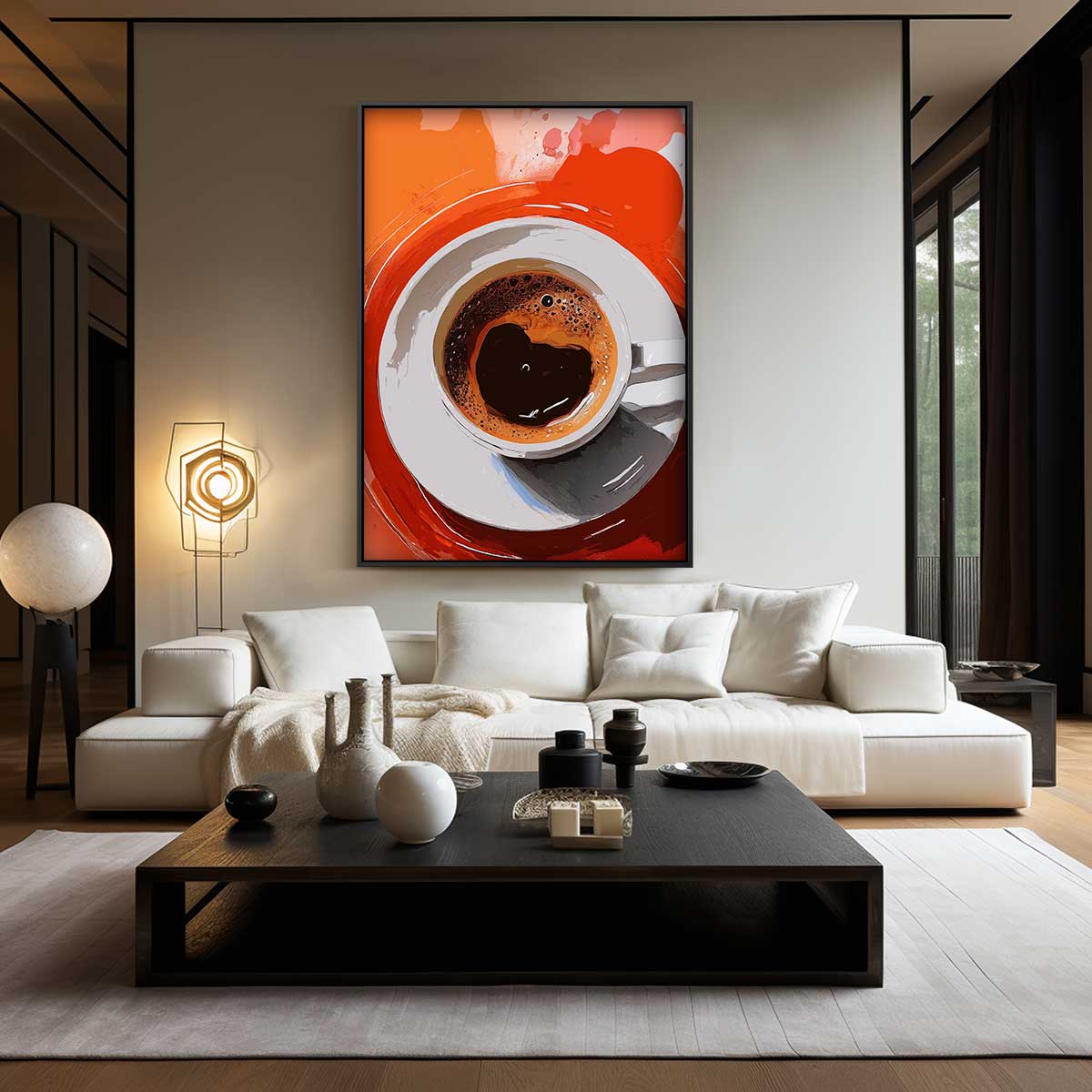 Koffiekunst in oranje Kunstwerk-canvas-dibond-plexiglas-wanddecoratie-WallArtistic