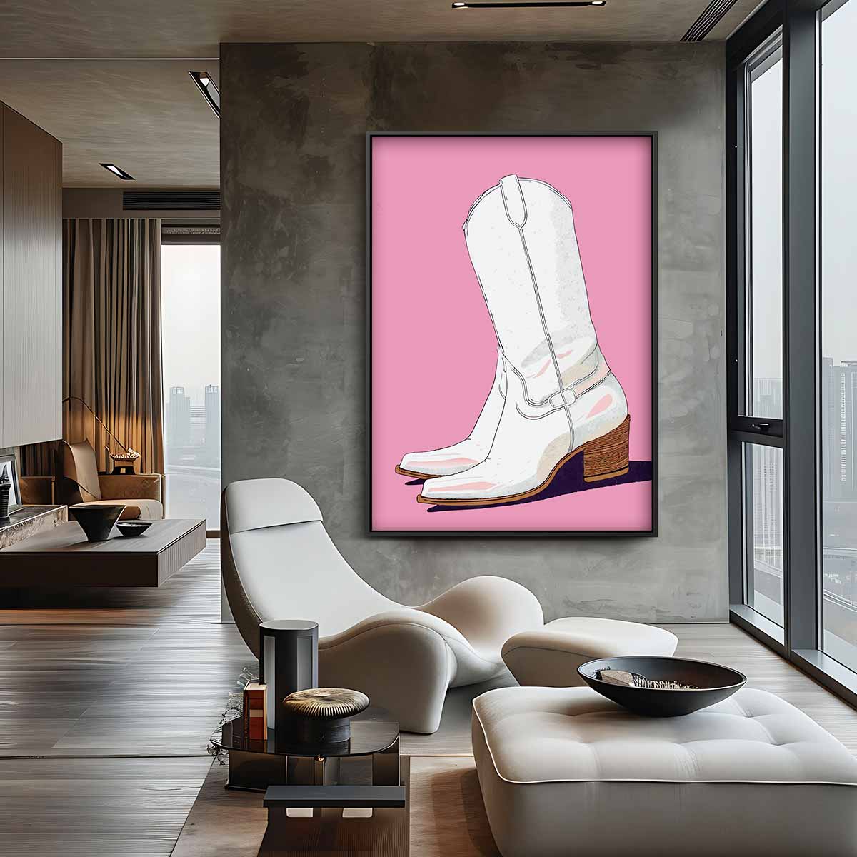 Witte Cowboylaarzen op Roze Achtergrond Kunstwerk-canvas-dibond-plexiglas-wanddecoratie-WallArtistic