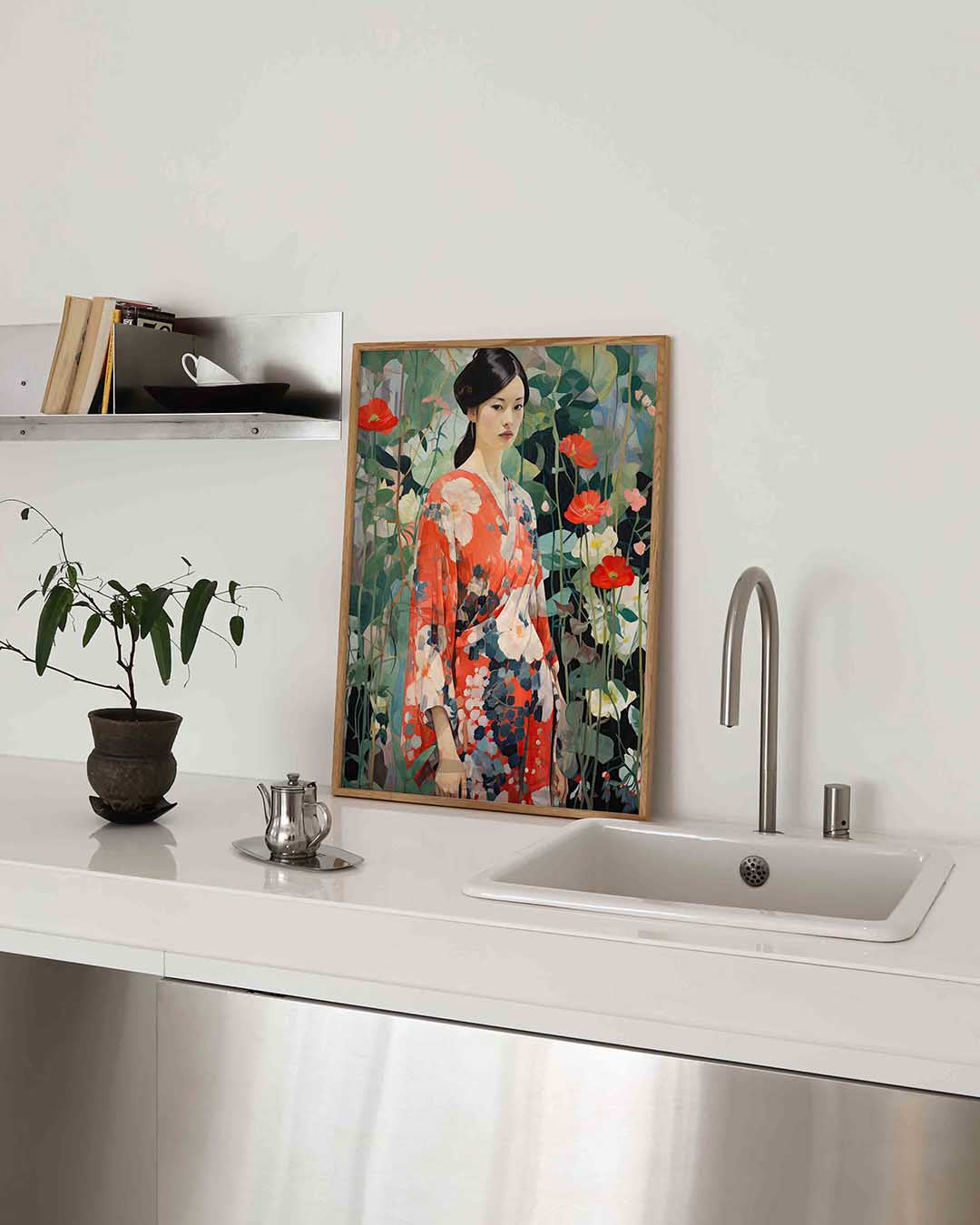 Vrouw in kimono met bloemen Poster