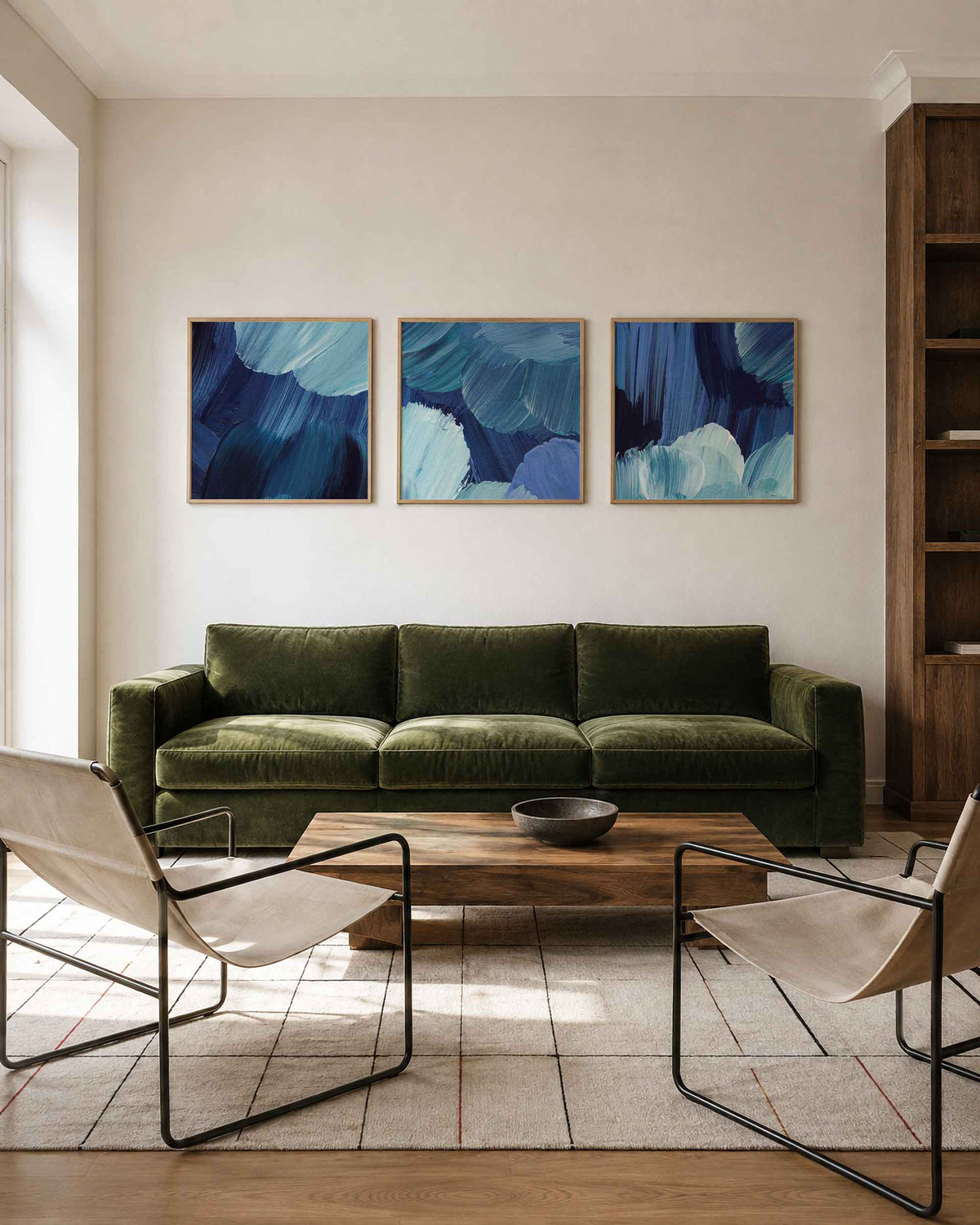 Interieurpresentatie van een driedelige vierkante posterset met blauwe penseelstreken