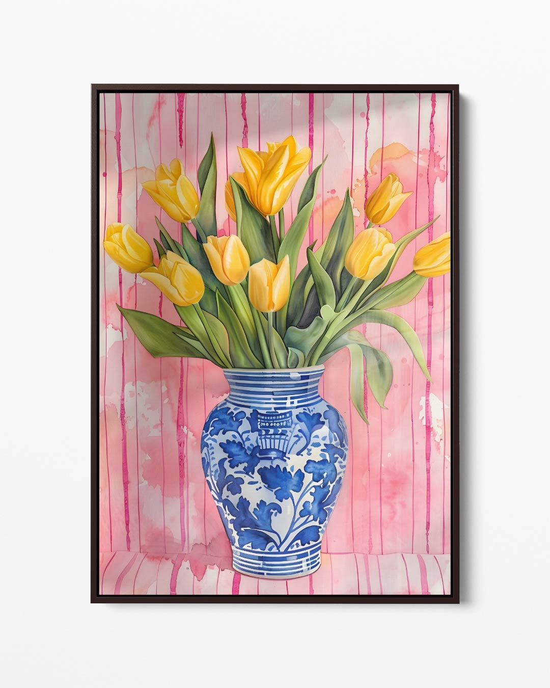 Vrolijke Gele Tulpen in Delfts Blauwe Vaas Kunstwerk-canvas-dibond-plexiglas-wanddecoratie-WallArtistic