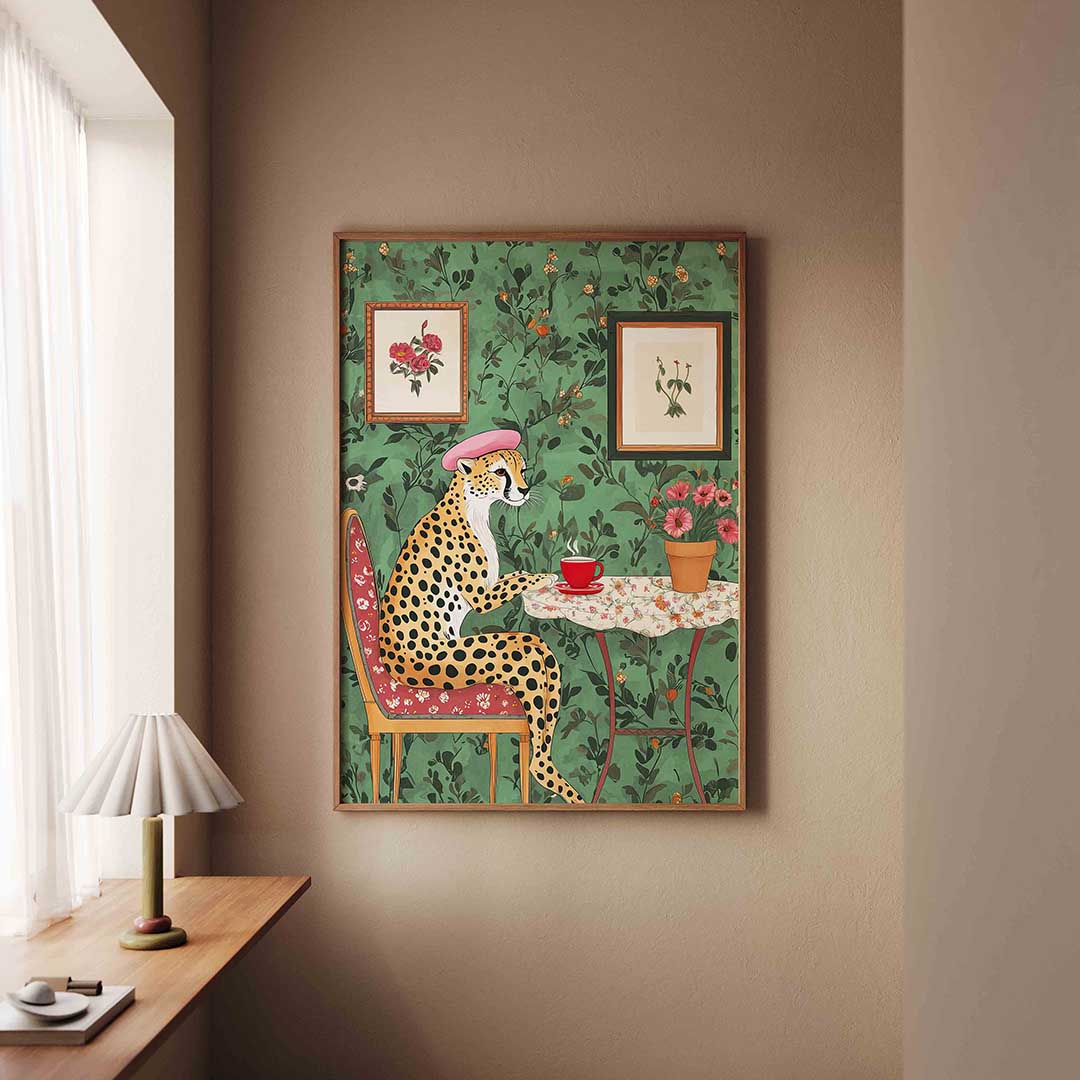 Cheetah met hoed en thee Poster