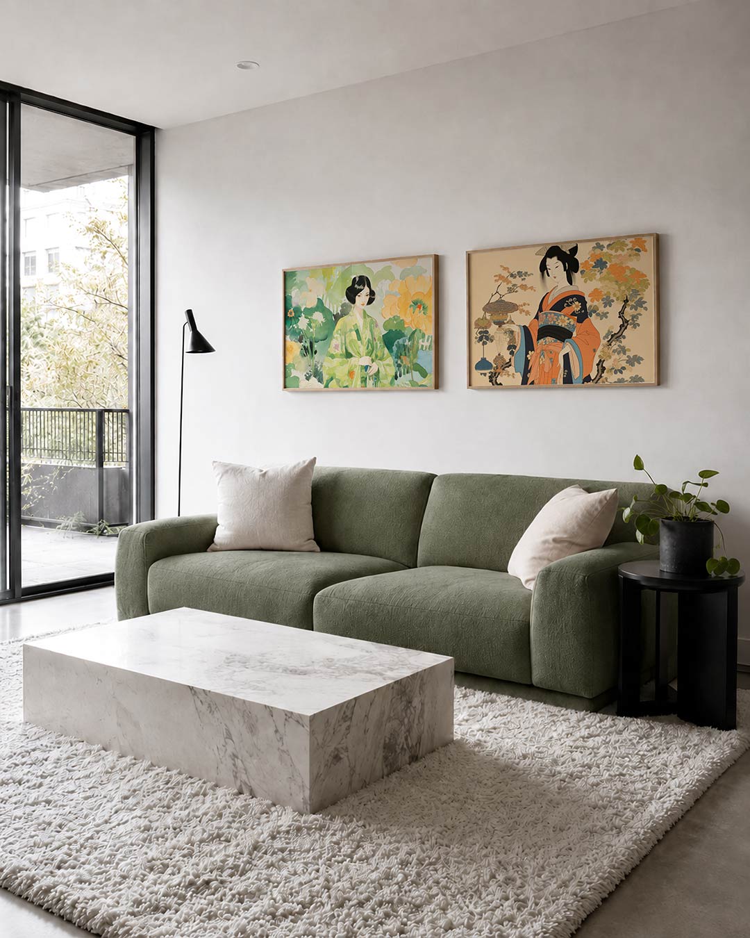 Interieurbeeld met twee liggende posters: een posterset in twee delen met een vrouw in een groene kimono en grote bloemen