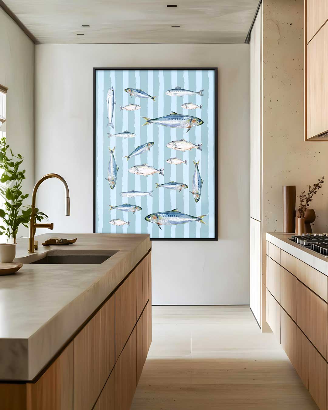 Speelse Visjes op Blauwe Strepen Kunstwerk-canvas-dibond-plexiglas-wanddecoratie-WallArtistic