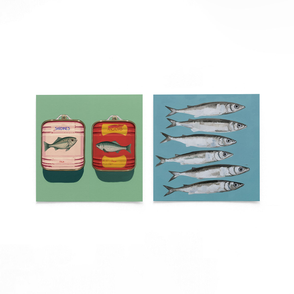 Twee vierkante posters met sardines en ansjovis op een gebroken witte achtergrond