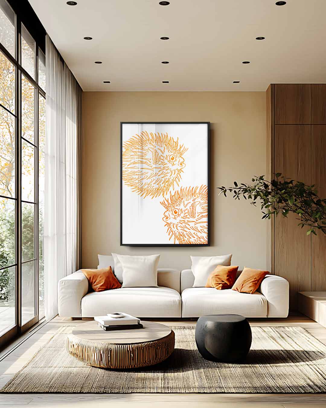 Opvallende Oranje Kogelvis Illustratie Kunstwerk-canvas-dibond-plexiglas-wanddecoratie-WallArtistic