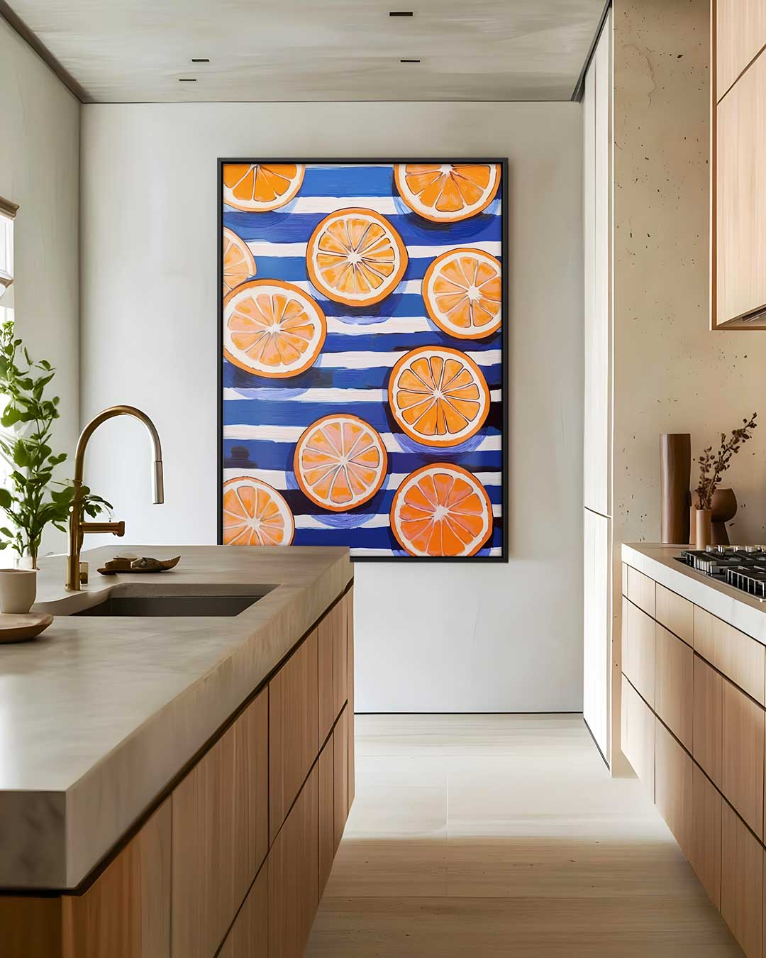 Zonnige Sinaasappels op Streepjespatroon Kunstwerk-canvas-dibond-plexiglas-wanddecoratie-WallArtistic