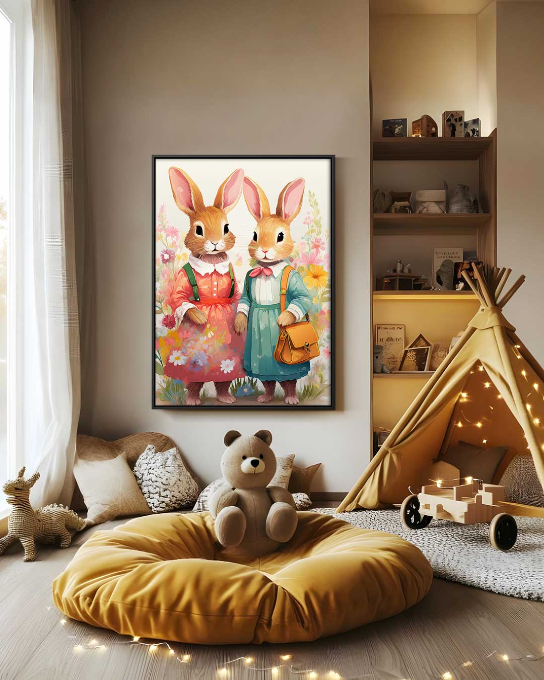 Konijnenvrienden in Bloemenweelde Kunstwerk-canvas-dibond-plexiglas-wanddecoratie-WallArtistic