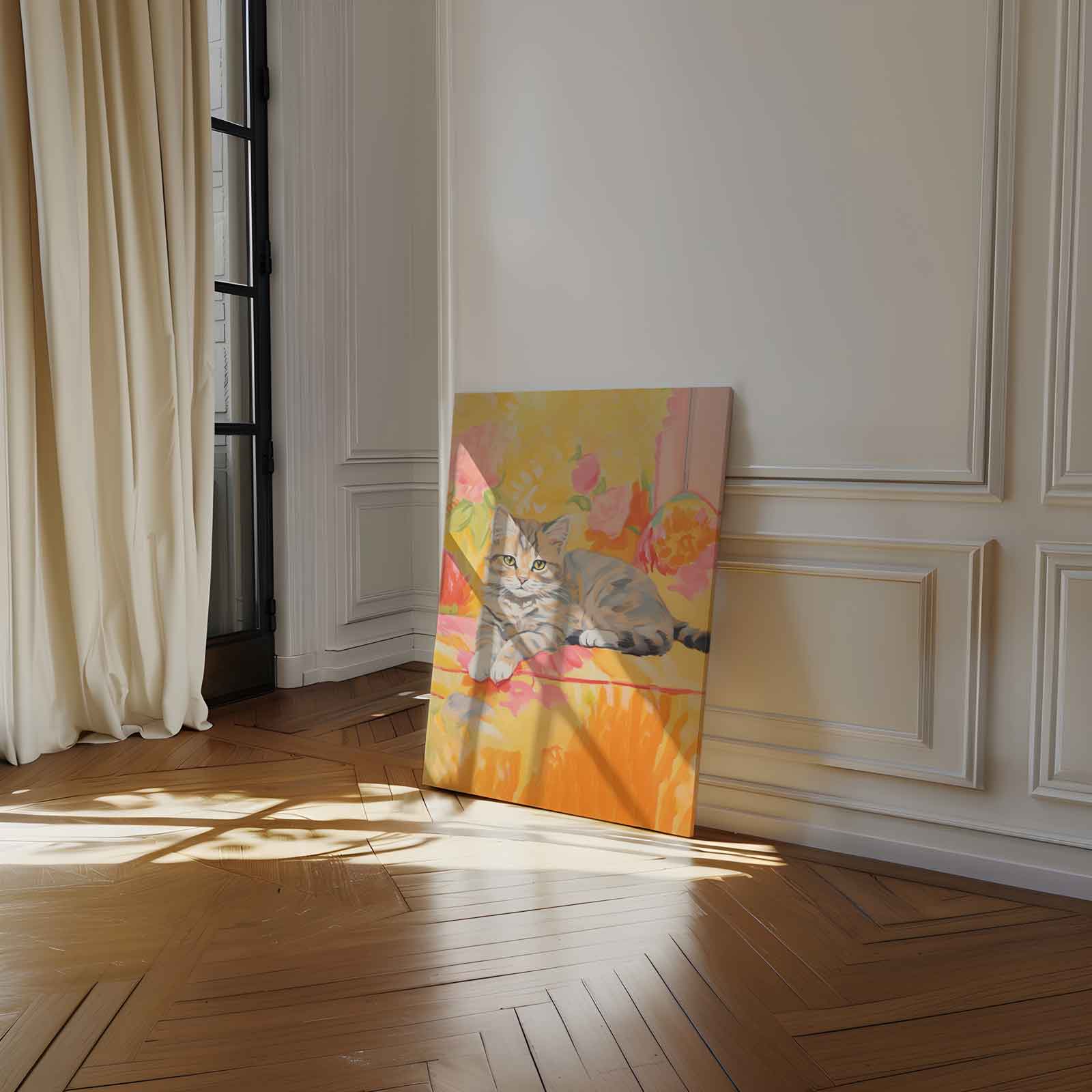 Zomerse Kat in Bloemen Kunstwerk-canvas-dibond-plexiglas-wanddecoratie-WallArtistic