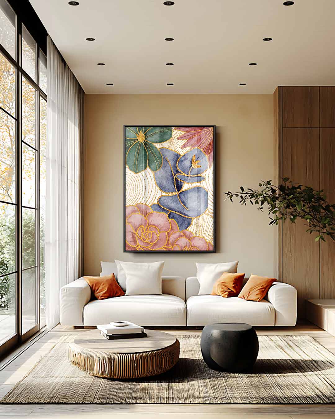 Bloemenpracht in Goud Kunstwerk-canvas-dibond-plexiglas-wanddecoratie-WallArtistic