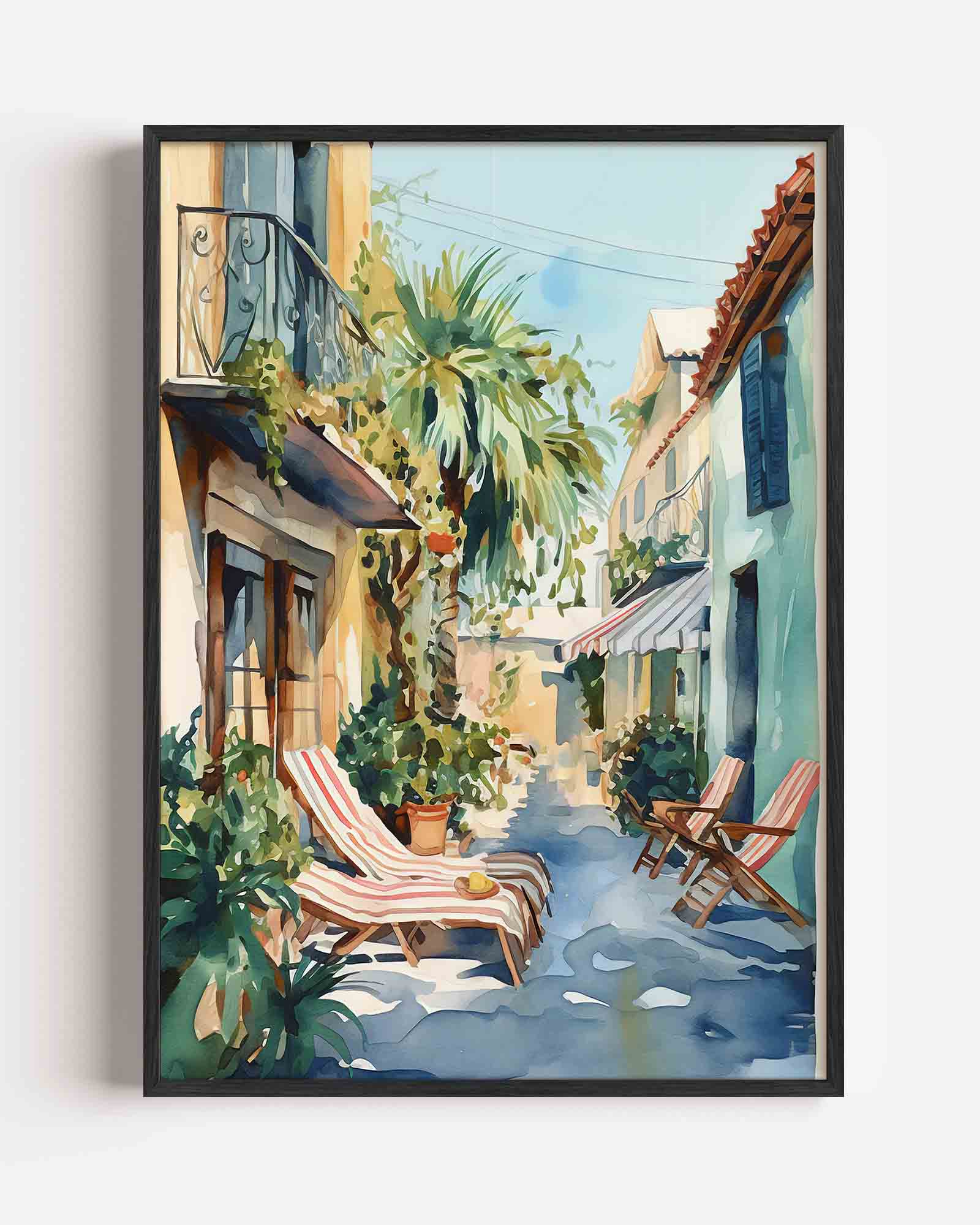 Zomerse straat met ligstoelen Poster