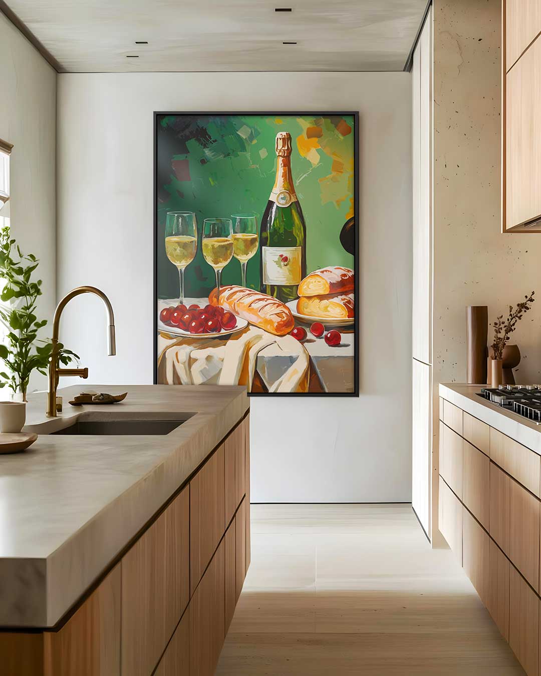 Luxe Stilleven met Champagne en Brood Kunstwerk-canvas-dibond-plexiglas-wanddecoratie-WallArtistic