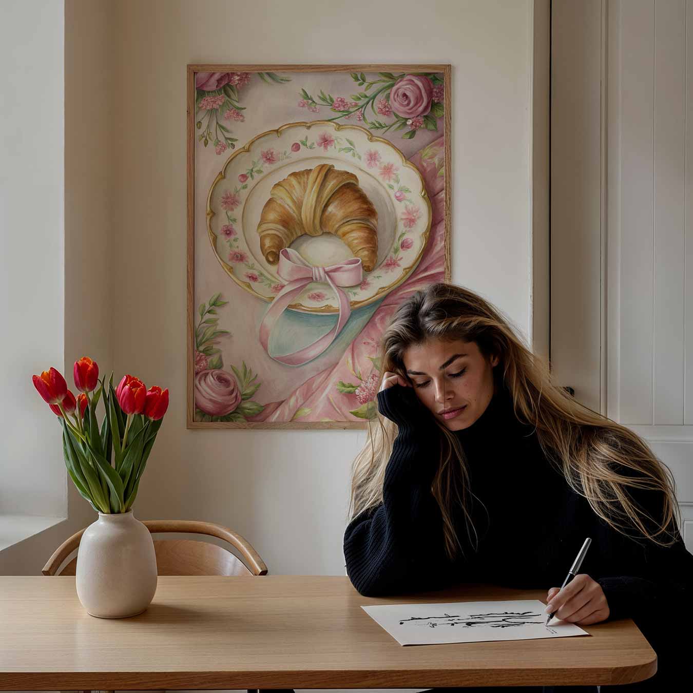 Romantische Bloemen en Croissant Poster