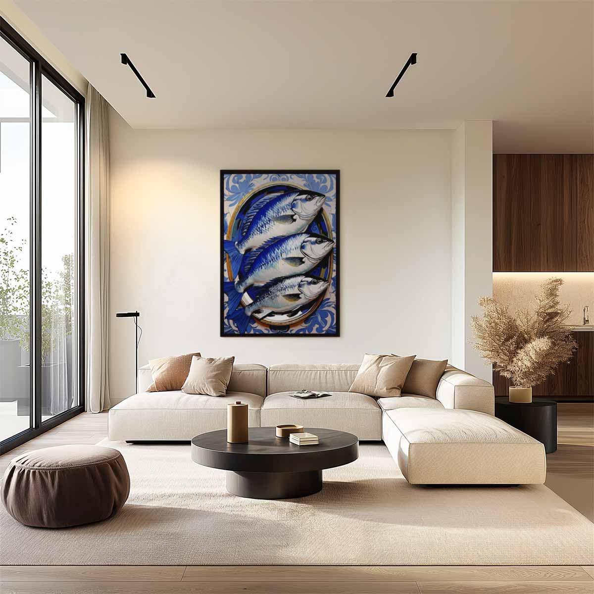 Blauwe Vissen op Bord Kunstwerk Kunstwerk-canvas-dibond-plexiglas-wanddecoratie-WallArtistic