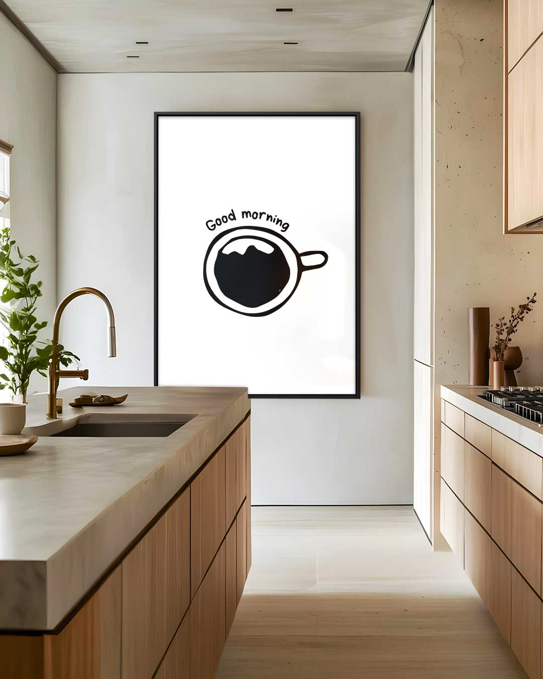 Zwart-wit Goede Morgen Koffie Illustratie Kunstwerk-canvas-dibond-plexiglas-wanddecoratie-WallArtistic