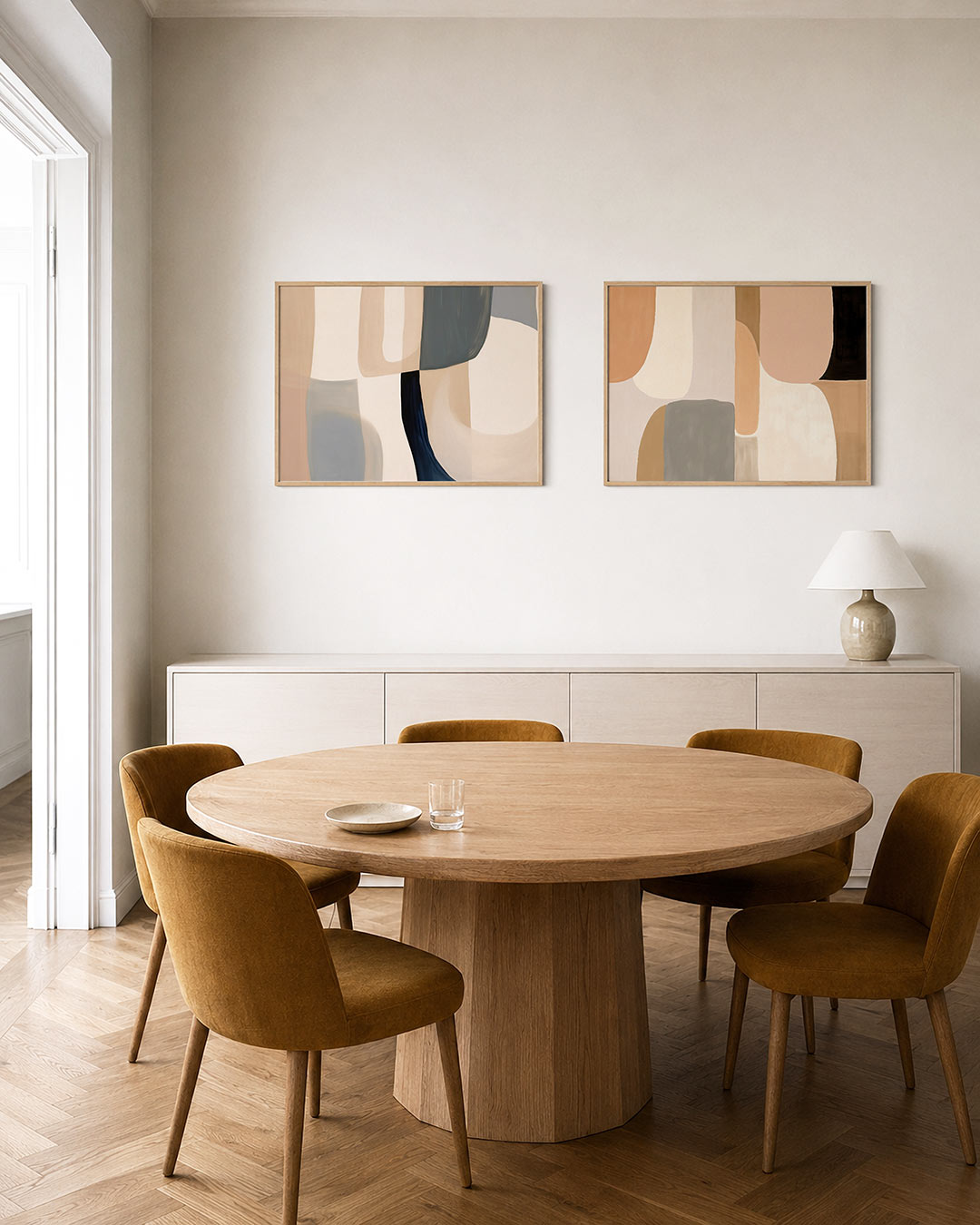 Tweedelige posterset met zachte, vloeiende vormen in beige, blauw en grijs, getoond in een interieur