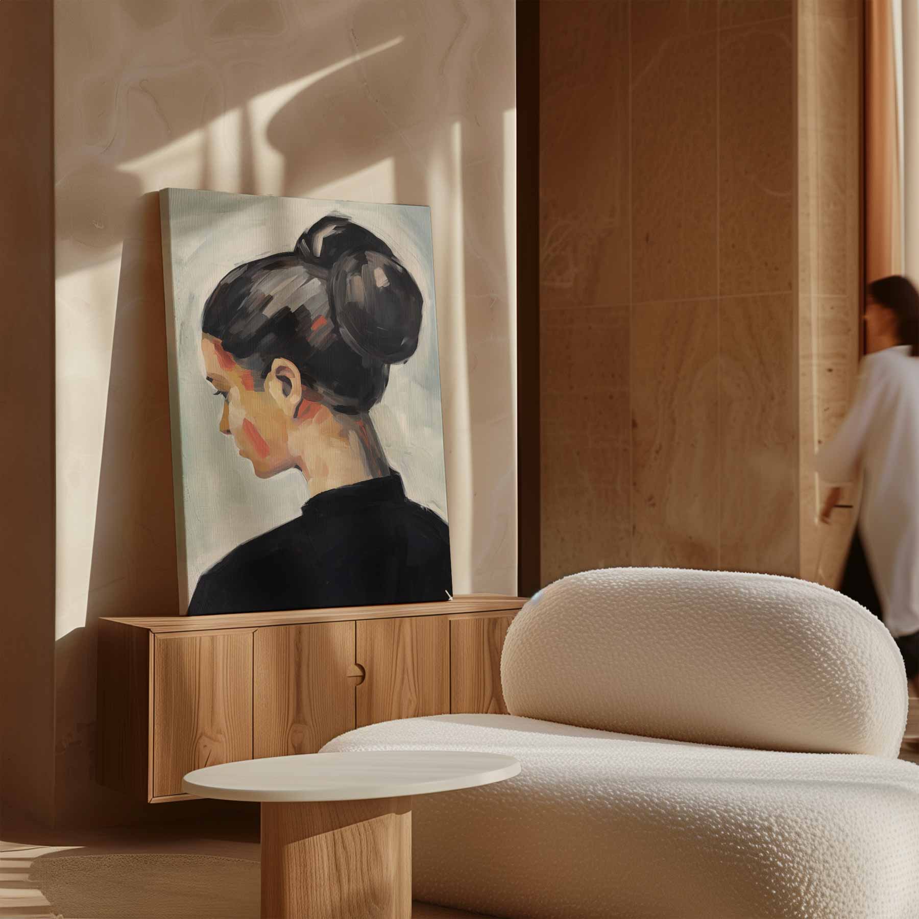 Vrouwelijke Elegantie in Stille Reflectie Kunstwerk-canvas-dibond-plexiglas-wanddecoratie-WallArtistic