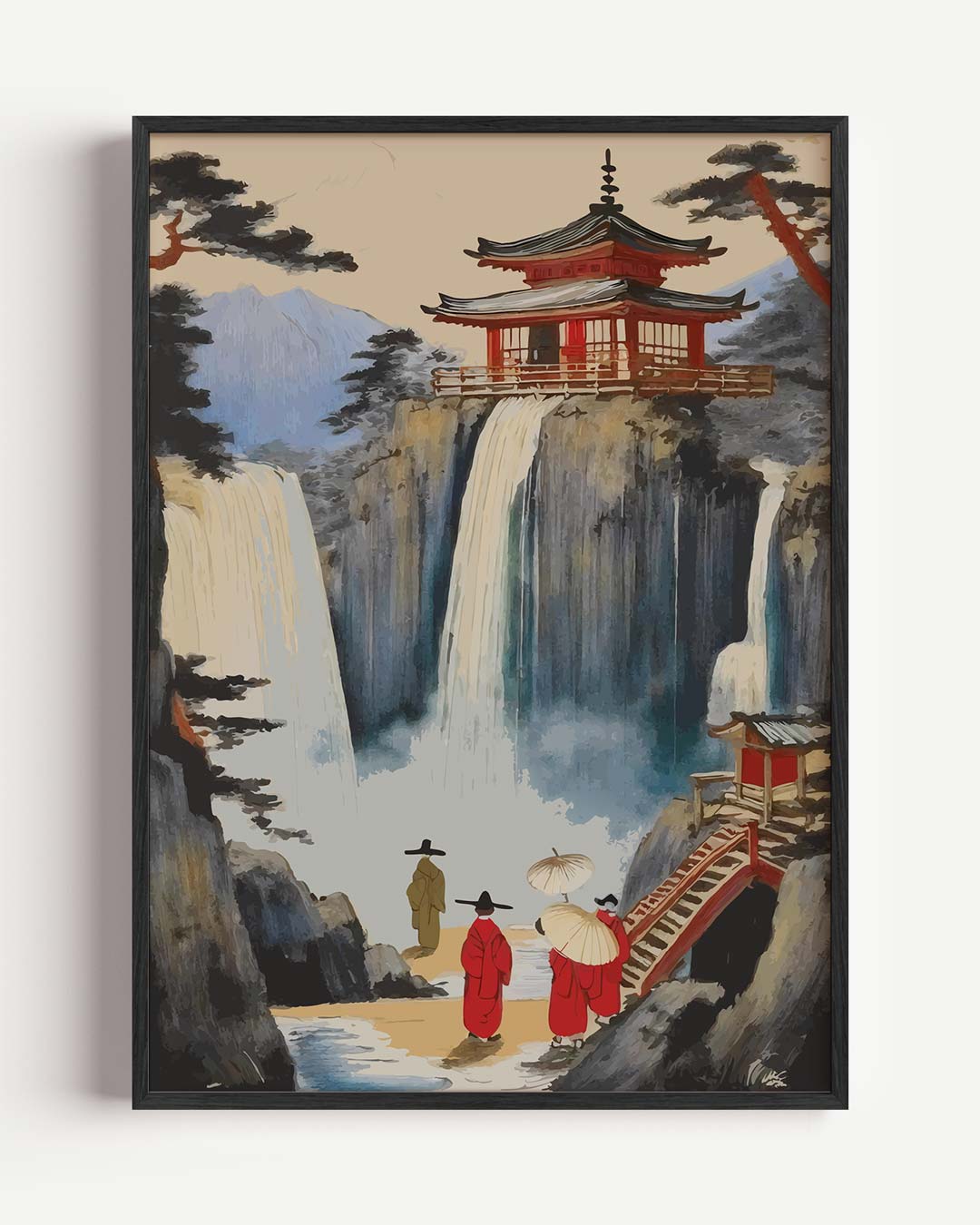 Japanse Waterval en Tempel Poster