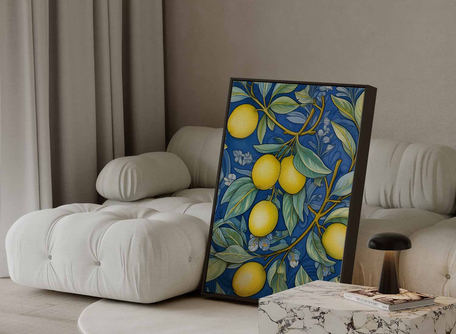 Kleurrijke Citroen Illustratie op Blauw Kunstwerk-canvas-dibond-plexiglas-wanddecoratie-WallArtistic