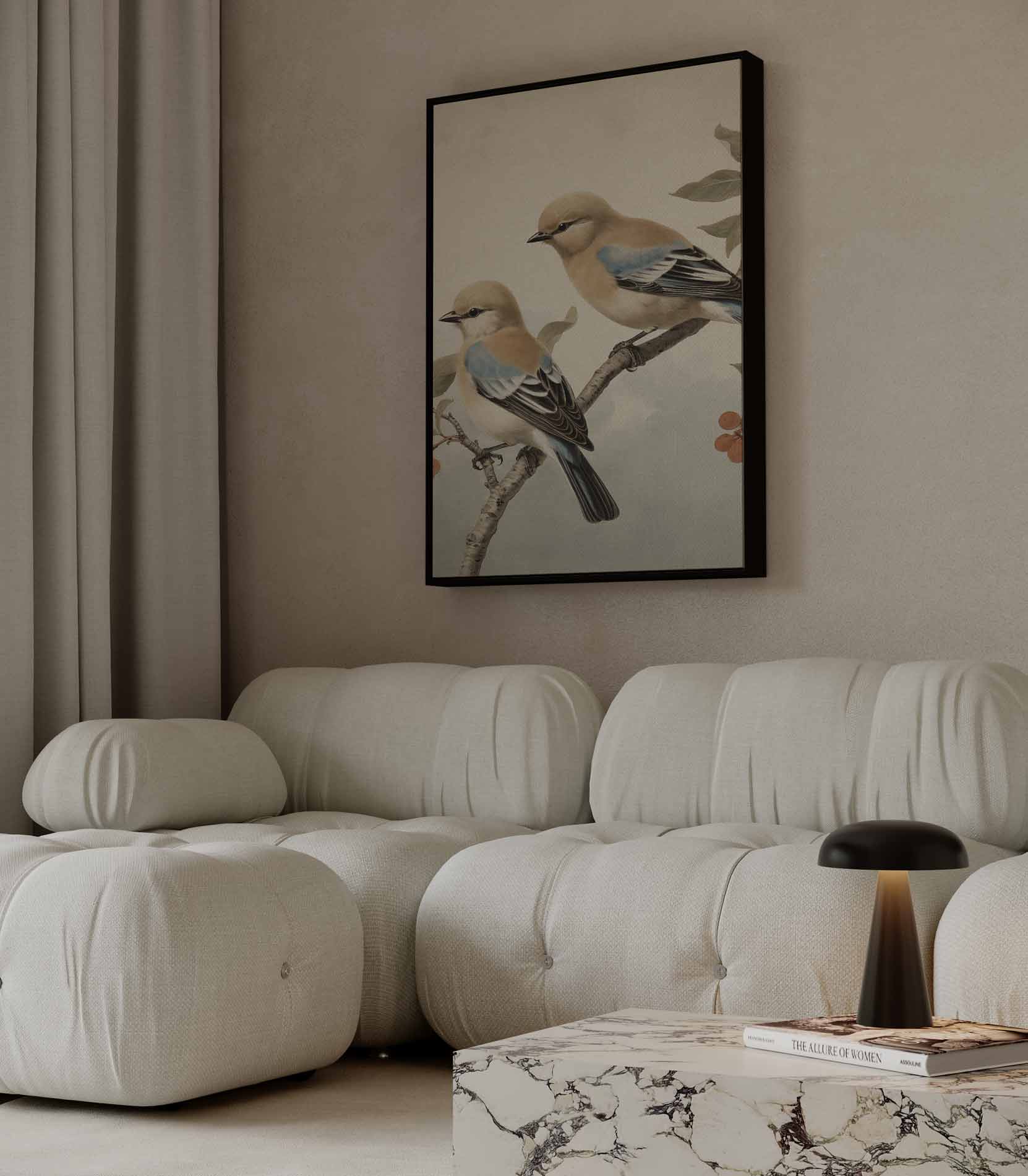 Dromerige Vogels op een Tak Kunstwerk-canvas-dibond-plexiglas-wanddecoratie-WallArtistic
