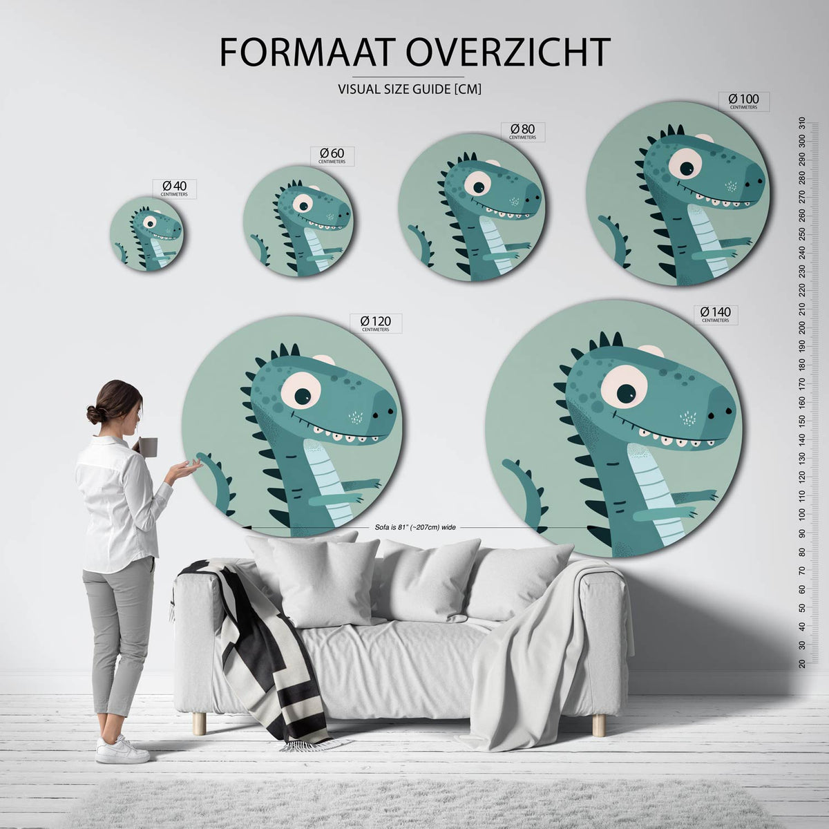 Blauwe dinosaurus Muurcirkel – extra productweergave – Een speelse dinosaurus in verschillende tinten blauw met zwarte