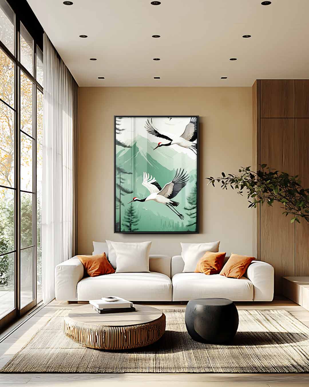 Flying Cranes in Mountain Landscape Artwork