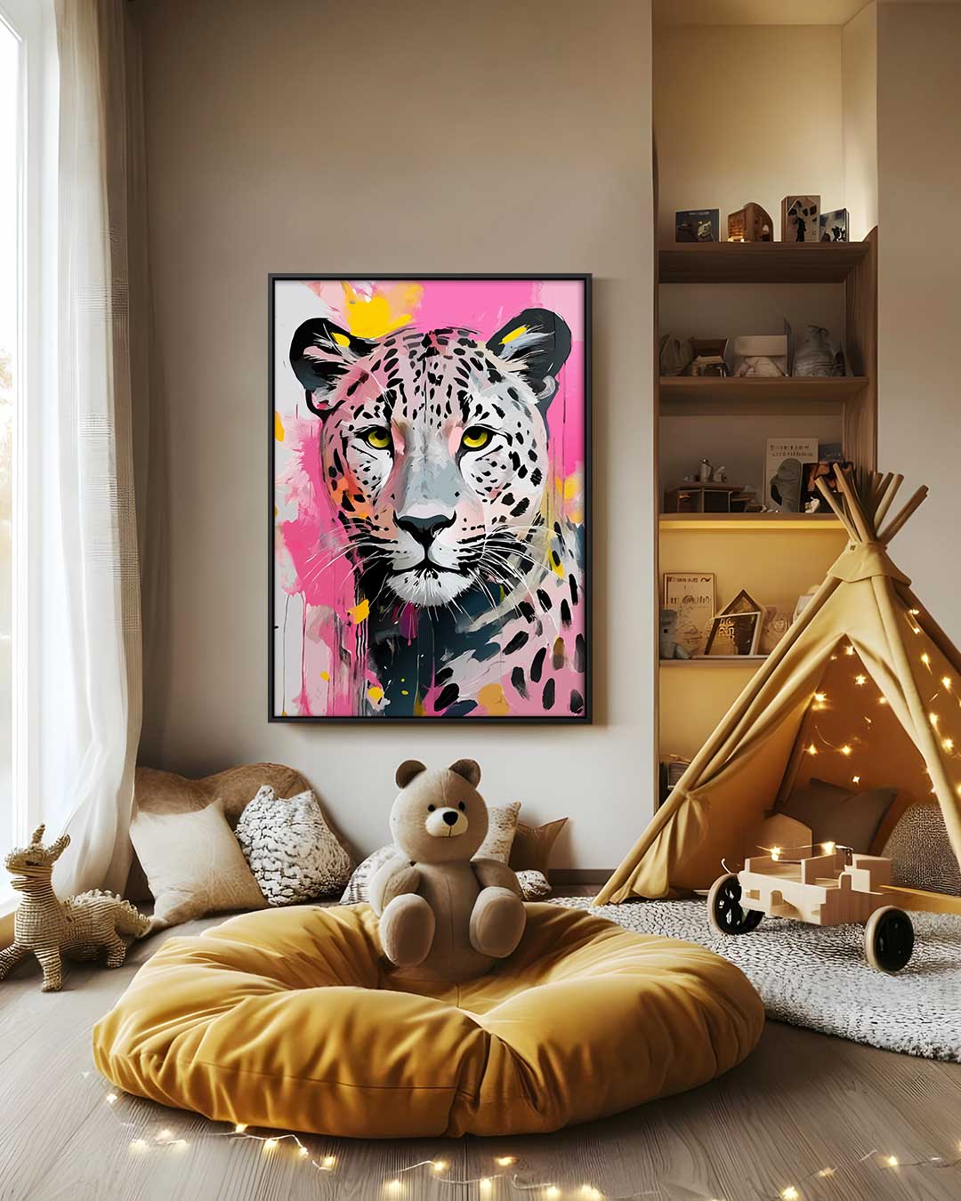 Kleurrijke Luipaard Expressie Kunstwerk-canvas-dibond-plexiglas-wanddecoratie-WallArtistic