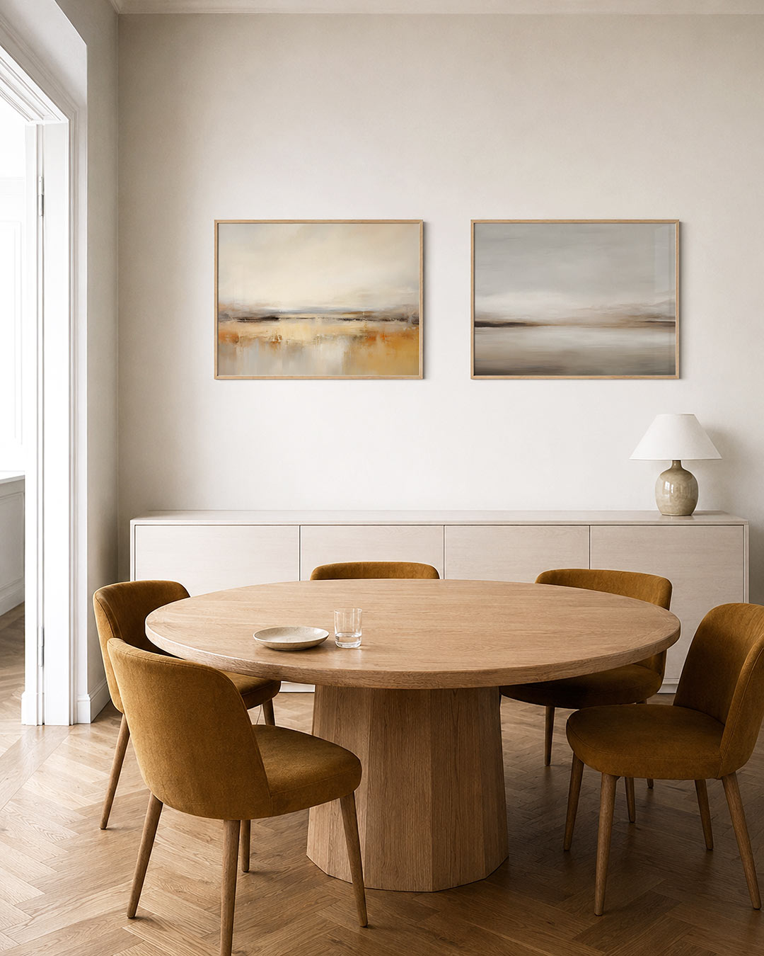Tweedelige posterset met zachte beige en bruine tinten, getoond in een interieur