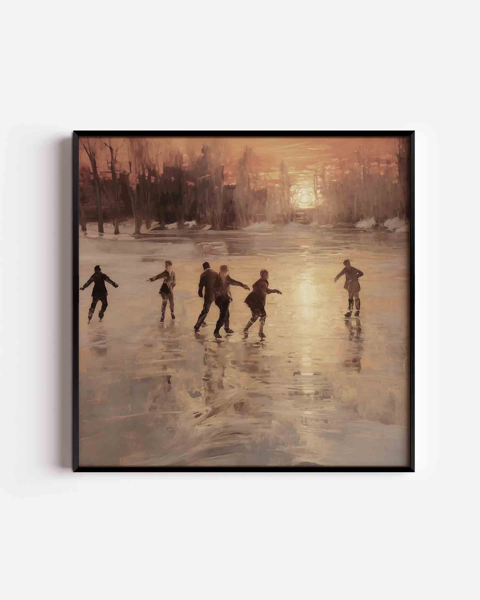 Schaatsers bij zonsondergang Poster